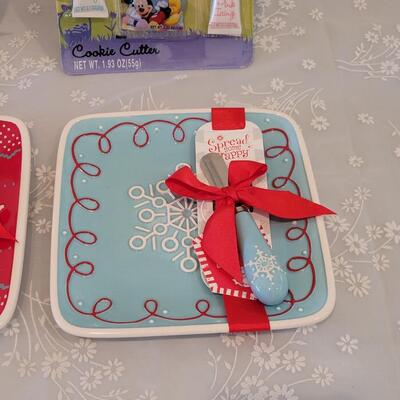 Lot 64: (2) Holiday Plates with Spreaders, Sprinkle Bell and Mickey Cookie Set