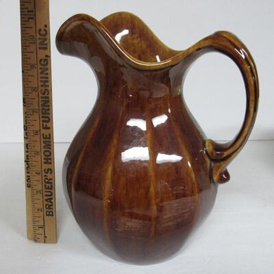 Unusual Morton Pottery Brownware Fancy Tall Pitcher, Ribbed