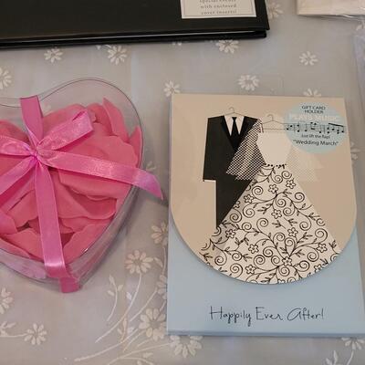 Lot 71: New Hallmark Wedding Memory Book, Guest Book, Bridal Invitations, Gift Card Holder, Rose Petals and Christmas Ornaments 