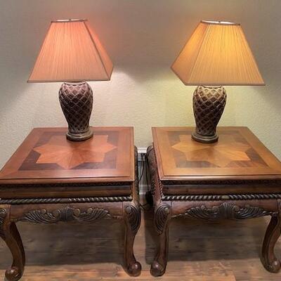 LOT#90LR: Pair of Inlaid End Tables with Lamps