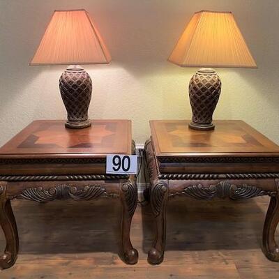 LOT#90LR: Pair of Inlaid End Tables with Lamps