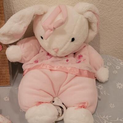 Lot 107: New Baby Girl Rattles, Musical Rabbit, Plushies, Ornament, Giraffe Curl Trinket Box and Magnet