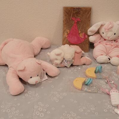 Lot 107: New Baby Girl Rattles, Musical Rabbit, Plushies, Ornament, Giraffe Curl Trinket Box and Magnet