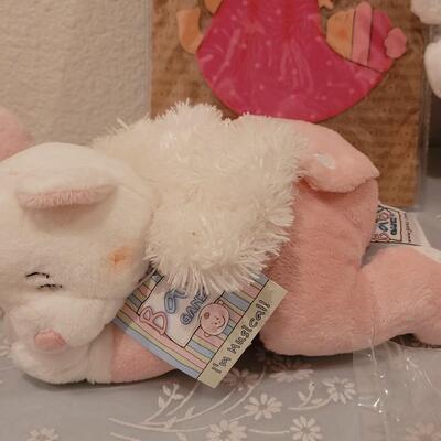 Lot 107: New Baby Girl Rattles, Musical Rabbit, Plushies, Ornament, Giraffe Curl Trinket Box and Magnet