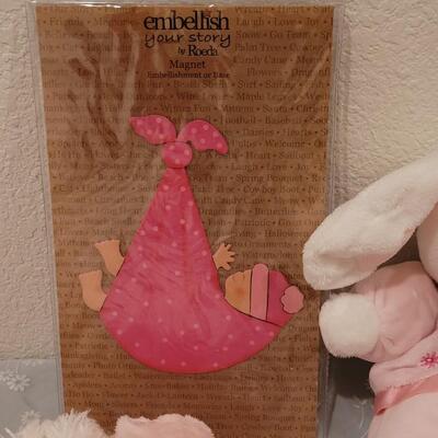Lot 107: New Baby Girl Rattles, Musical Rabbit, Plushies, Ornament, Giraffe Curl Trinket Box and Magnet