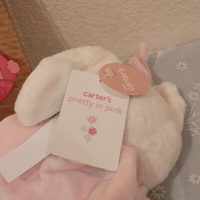 Lot 107: New Baby Girl Rattles, Musical Rabbit, Plushies, Ornament, Giraffe Curl Trinket Box and Magnet