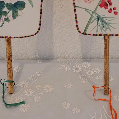 Lot 186: (2) Vintage Handpainted Silk Fans Bird/Butterfly 