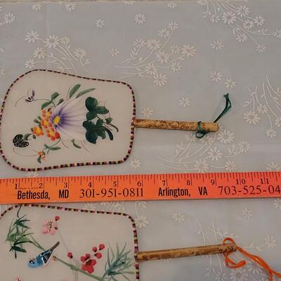 Lot 186: (2) Vintage Handpainted Silk Fans Bird/Butterfly 