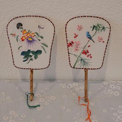 Lot 186: (2) Vintage Handpainted Silk Fans Bird/Butterfly 