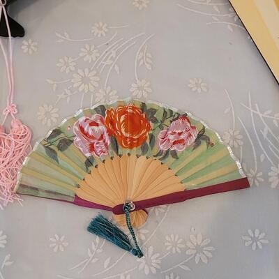 Lot 188: (3) Asian Fans Cranes, Blue Birds and Roses