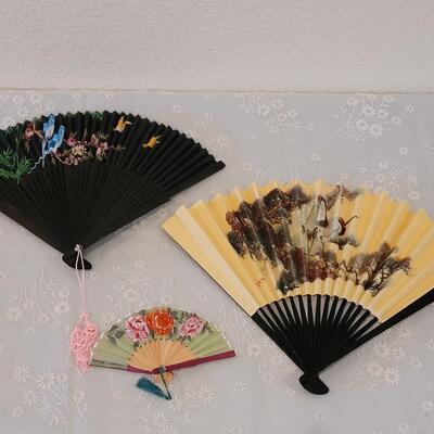 Lot 188: (3) Asian Fans Cranes, Blue Birds and Roses