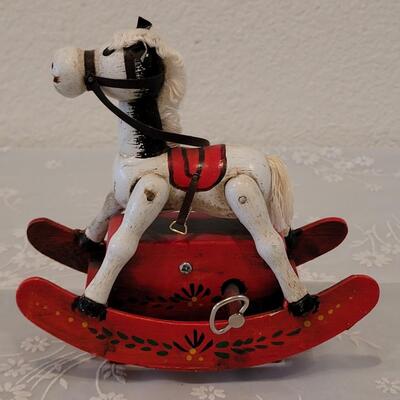 Lot 204: Vintage Enesco Music Box Rocking Horse