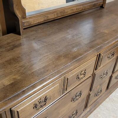 Lot 242: Vintage HEYWOOD WAKEFIELD Dresser w/ Mirror 68" x 19" x 32" Dresser / 50" x 37" Mirror