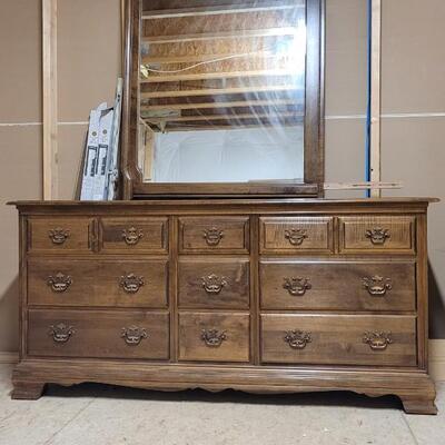 Lot 242: Vintage HEYWOOD WAKEFIELD Dresser w/ Mirror 68" x 19" x 32" Dresser / 50" x 37" Mirror