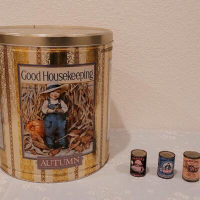 Lot 258: Vintage Mini Magnet Cans and Good Housekeeping 4 Seasons (popcorn size) Tin