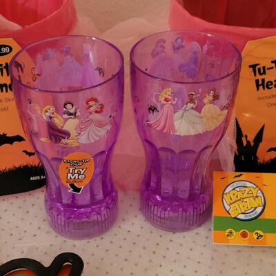 Lot 270: (3) Halloween Tutu Trick or Treat Buckets, Light Up Princess Cups, Straws and Cookie Cutters