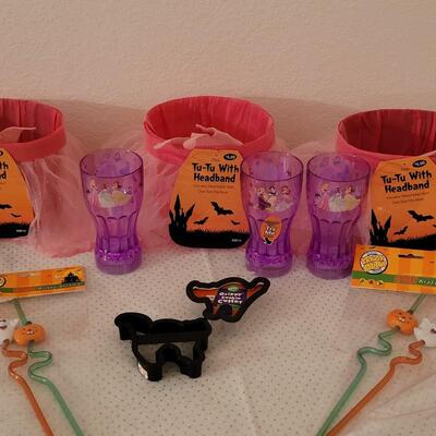 Lot 270: (3) Halloween Tutu Trick or Treat Buckets, Light Up Princess Cups, Straws and Cookie Cutters
