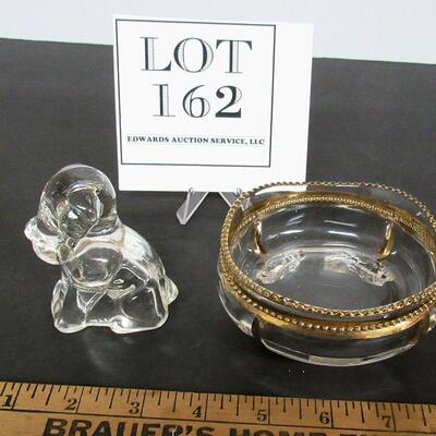 Vintage Glass Dog Candy Container, EAPG Georgia Berry Bowl Gold Trim