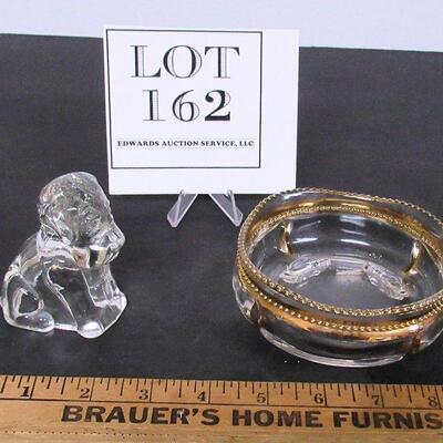Vintage Glass Dog Candy Container, EAPG Georgia Berry Bowl Gold Trim