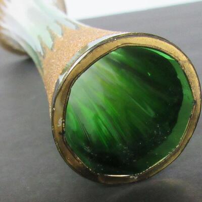 Old Glass Vase Green to Clear with Gold Trim