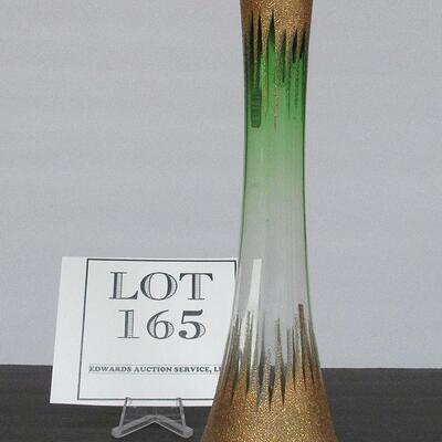 Old Glass Vase Green to Clear with Gold Trim