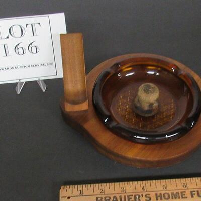 Old Wood Pipe Rest With Glass Ashtray