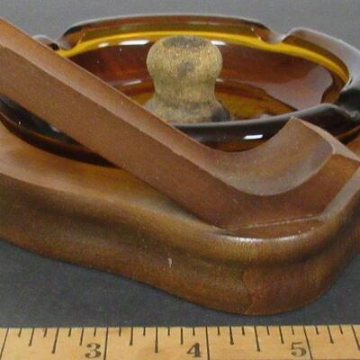 Old Wood Pipe Rest With Glass Ashtray