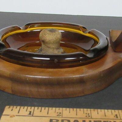 Old Wood Pipe Rest With Glass Ashtray