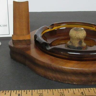 Old Wood Pipe Rest With Glass Ashtray