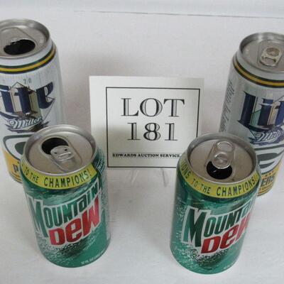 2 Miller Lite Beer Cans, GB Packers, 2 Mountain Dew Cans GB Packers