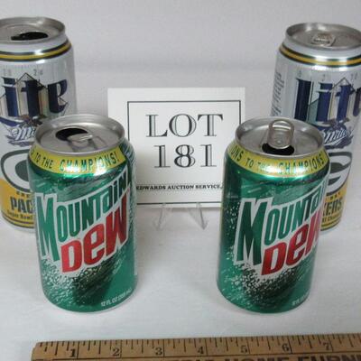 2 Miller Lite Beer Cans, GB Packers, 2 Mountain Dew Cans GB Packers