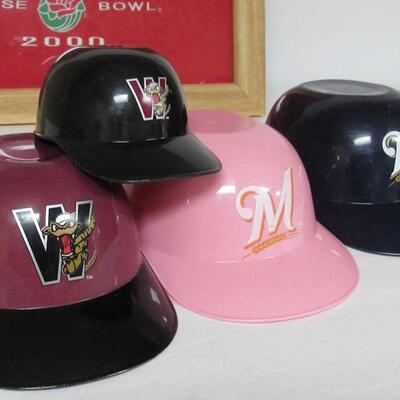 Plastic Baseball Caps, Timber Rattlers, Milwaukee Brewers, UWM Framed T-shirt Section From Rose Bowl