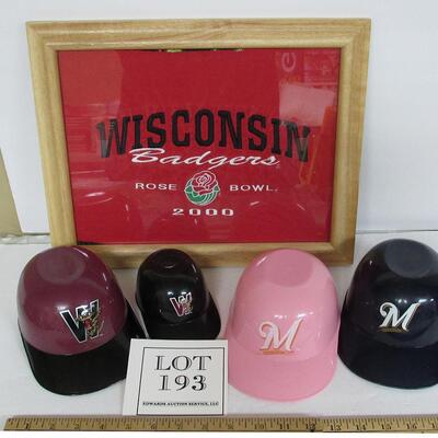 Plastic Baseball Caps, Timber Rattlers, Milwaukee Brewers, UWM Framed T-shirt Section From Rose Bowl
