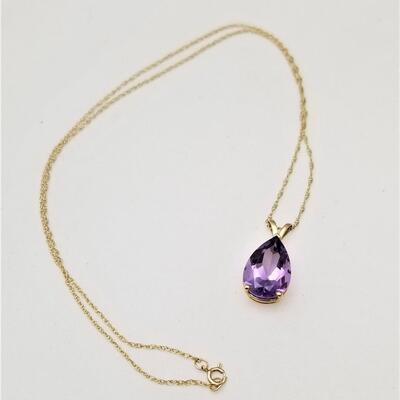 Lot #364  Beautiful Tear Drop Shaped Faceted Amethyst on 18" 14kt gold chain