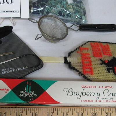 Lot of Misc Stuff, Picture Frame, Unused Candles, Fly Swatter, Shells and Potpourri, Plastic Plate More