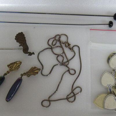 Vintage Jewelry Hat Pins, Earrings, Tie Pin, Box Chain, Jewelers Tags