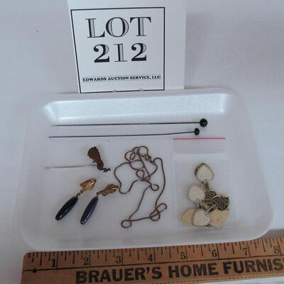 Vintage Jewelry Hat Pins, Earrings, Tie Pin, Box Chain, Jewelers Tags