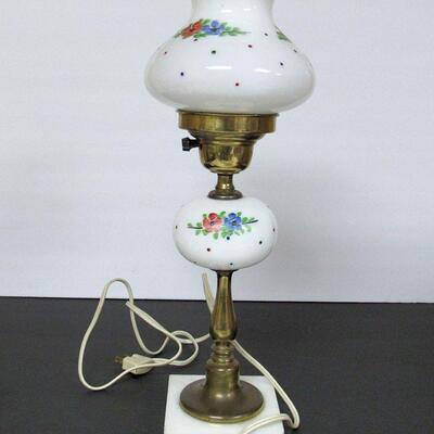 Vintage Milk Glass Dresser Lamp Floral Pattern Matching Shade Marble Base