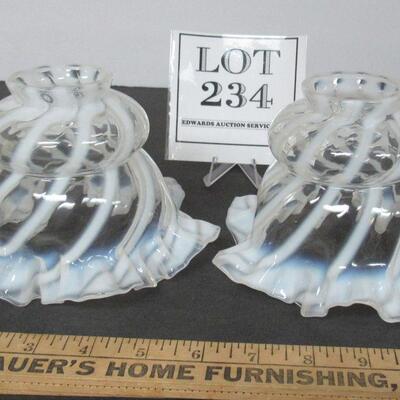Matching Pair White Opalescent Ruffled Lamp Shades