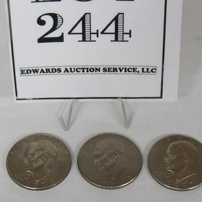 3 Eisenhauer Dollar Coins, 1974D, Bicentennial D, 1977D