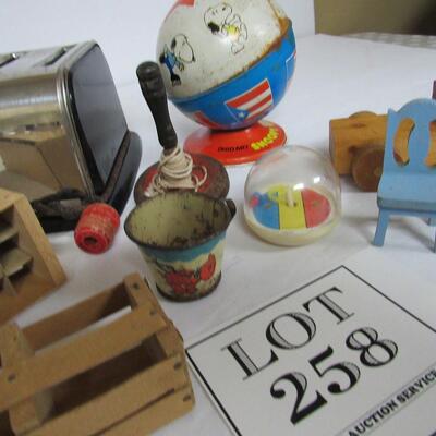 Lot of Misc Old Toys, Snoopy Bank, Metal Top, More