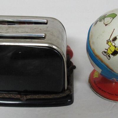 Lot of Misc Old Toys, Snoopy Bank, Metal Top, More