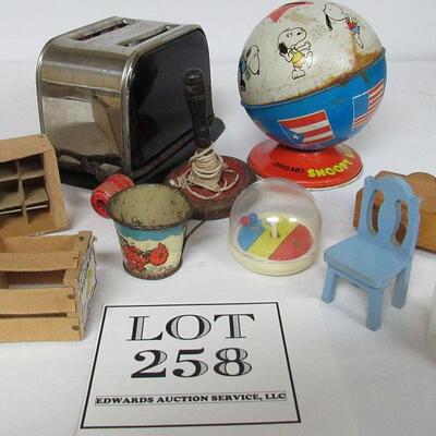 Lot of Misc Old Toys, Snoopy Bank, Metal Top, More