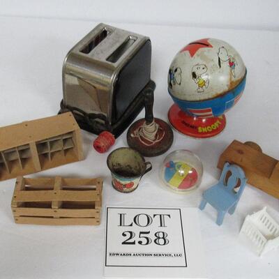 Lot of Misc Old Toys, Snoopy Bank, Metal Top, More