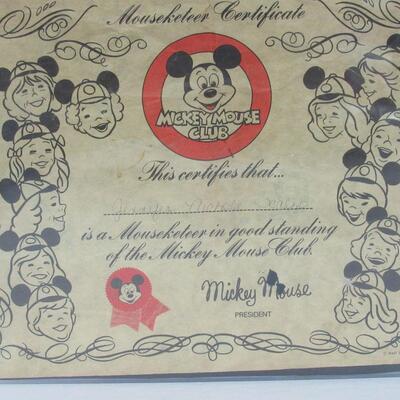 Old Mickey Mouse Mouseketeer Certificate, Disney Plastic Ruler ad World Parade Film