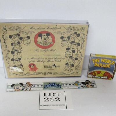 Old Mickey Mouse Mouseketeer Certificate, Disney Plastic Ruler ad World Parade Film