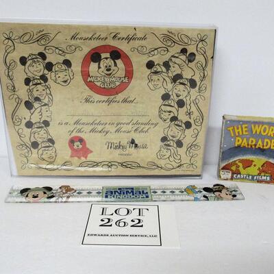 Old Mickey Mouse Mouseketeer Certificate, Disney Plastic Ruler ad World Parade Film