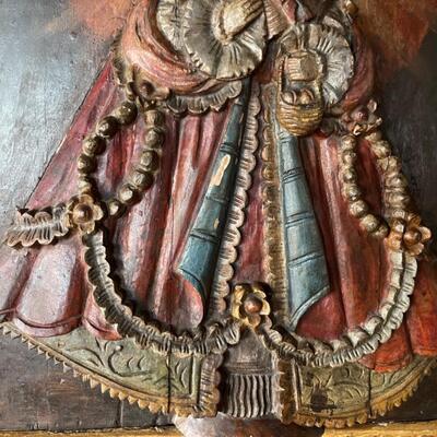 Item 1. RARE Tabladilla  Virgin of Guápulo, painted carved relief in wood, Madonna and child.  Circa 1700. 