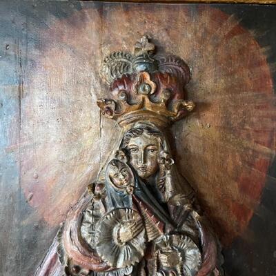 Item 1. RARE Tabladilla  Virgin of Guápulo, painted carved relief in wood, Madonna and child.  Circa 1700. 