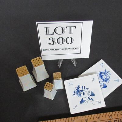 Vintage Salt and Peppers, Lusterware, 2 Sizes, 2 Small Hand Painted Accent Tiles